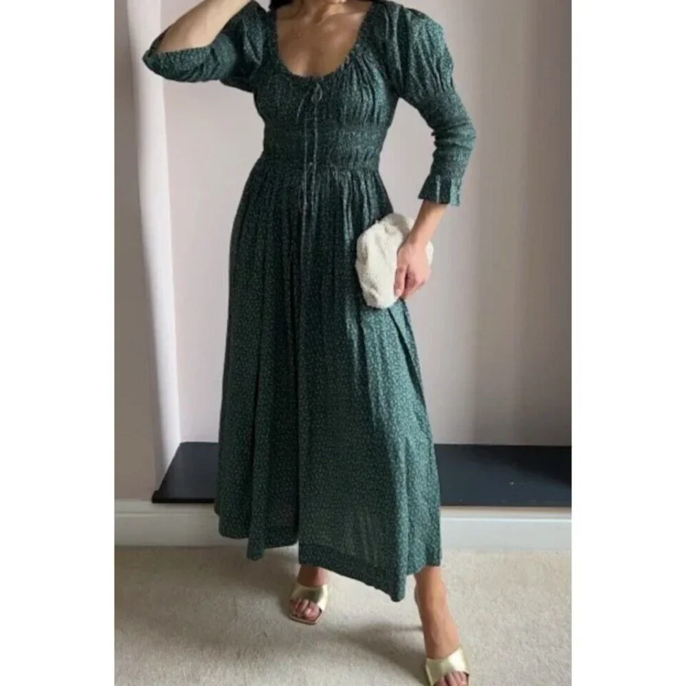 DOEN Kaira Midi Dress Printed Smocked Ruffle Evergreen Puff Sleeve S New - Picture 11 of 11